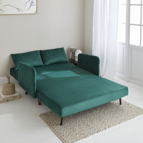 Sofá cama de terciopelo con patas de madera, 2 plazas, Panam, Verde, 131x75x81 cm