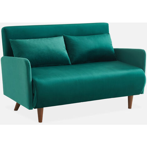 Sofá cama de terciopelo con patas de madera, 2 plazas, Panam, Verde, 131x75x81 cm