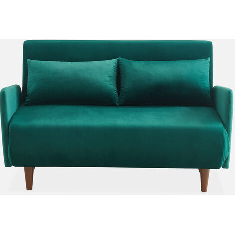 Sofá cama de terciopelo con patas de madera, 2 plazas, Panam, Verde, 131x75x81 cm