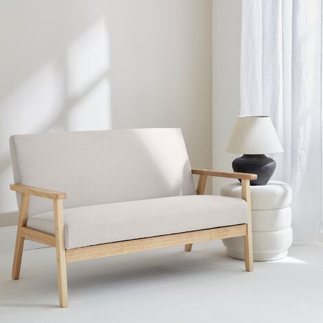 Sofá o banco con tela y patas de madera, 2 plazas, Isak, Beige, 114x69.5x73 cm