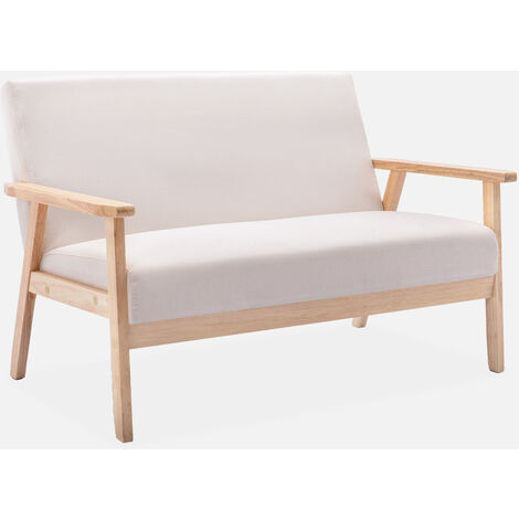 Sofá o banco con tela y patas de madera, 2 plazas, Isak, Beige, 114x69.5x73 cm