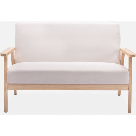 Sofá o banco con tela y patas de madera, 2 plazas, Isak, Beige, 114x69.5x73 cm