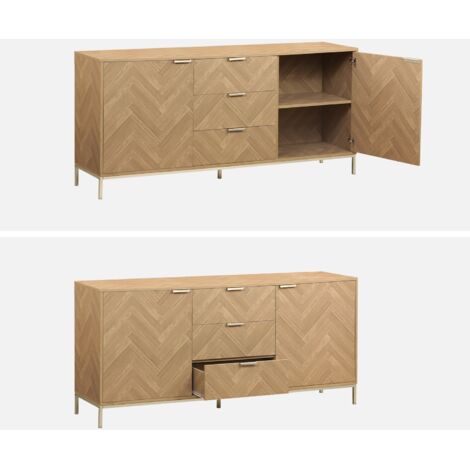 Aparador con efecto espiga de 2 puertas, 160cm, Budapest, Natural, 160x40x75 cm