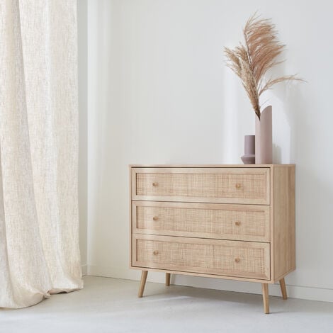 Cómoda de caña con 3 cajones, Boheme, Natural, 90x39x79 cm