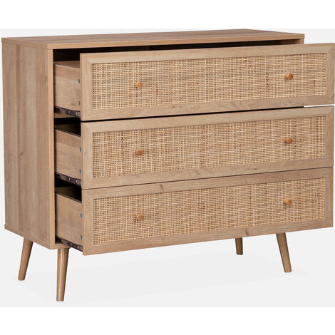 Cómoda de caña con 3 cajones, Boheme, Natural, 90x39x79 cm