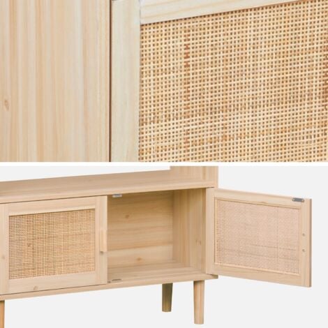 Librería con caña y efecto madera, 3 niveles y 2 puertas, Camargue, Natural, 80x30x140 cm