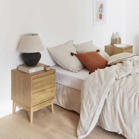 Mesita de noche efecto madera con 2 cajones, set de 2, Dune, Natural, 40x40x56 cm