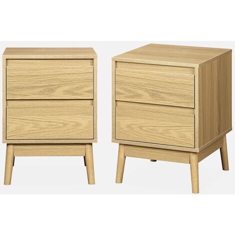 Mesita de noche efecto madera con 2 cajones, set de 2, Dune, Natural, 40x40x56 cm