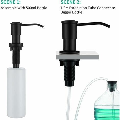 faustina Distributeur de Savon Encastrable, Distributeur Savon Evier Cuisine, Distributeur Savon Integre avec Bouteille 500ML et Ensemble de rallonge de 1,0 m, Recharge du Haut, Noir