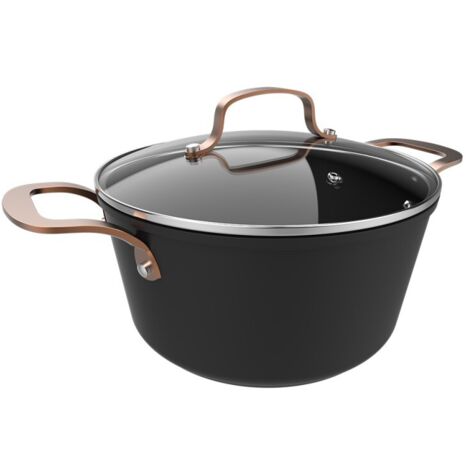 Kochtopf aus Schmiedealuminium mit 4,5 L Fassungsvermögen. Hochwertige Antihaftbeschichtung Platinum Plus Teflon® Nonstick Coating, 100% PFOA-frei. Vernietete Griffe aus Edelstahl in Roségoldoptik. (1/5)