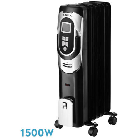 Komfort-Ölradiator 1500w 7Elemente schwarz/silber 3Leistungen Thermostat Timer, Räder ind. Licht 62x34x24cm