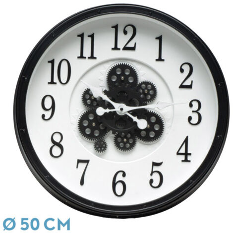 BERROCAL Wanduhr schwarz weiß 50x50x6 cm mit Zahnrädern mit Uhrwerk