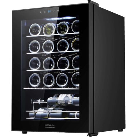 Schwarzer Weinkühlschrank mit einem Fassungsvermögen von 20 Flaschen mit Kompressor-Kühlsystem, einstellbarer Temperatur zwischen 5-18ºC und Touch-Bedienfeld.