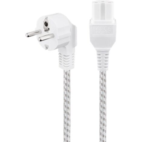 Warmgeräte-Anschlusskabel, 2 m, Weiß-Silber, (30,75 mm²), Schutzkontaktstecker Hybrid (Typ E/F, CEE 7/7) 90°  Gerätebuchse C15. Kabellänge 2 m (1/4)