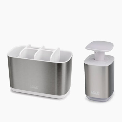 Joseph Joseph Bathroom Beauties Set de 2 Stück - Großer Zahnbürstenhalter de Zahnbürstenhalter und hygienischer Seifenspender de, Edelstahl, stilvoll und funktionell. (1/4)