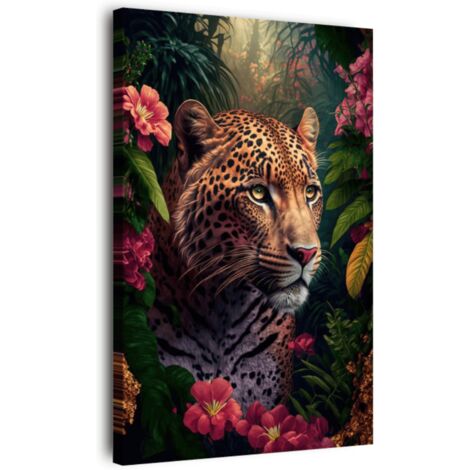 Tableau sur toile léopard fleuri 45x65 cm - Impression sur Toile Murale Décorative - Image imprimée en HD sur Toile - Toile sur Châssis en Bois FSC - Fabriqué en France