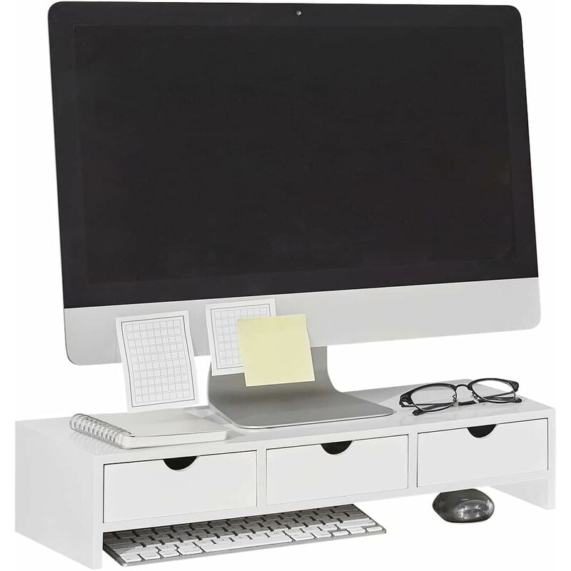 SoBuy BBF03-W Monitorerhöhung Monitorständer Bildschirmständer  Schreibtischaufsatz mit Fächern und 3 Schubladen Weiß BHT ca.: 51x12x25cm