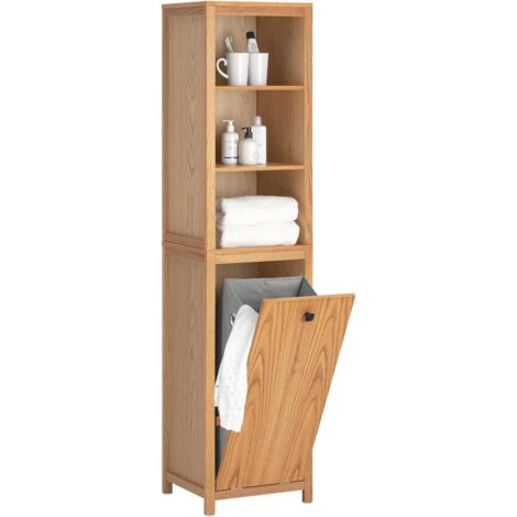 SoBuy BZR95-N Hochschrank Badezimmer Schrank Badschrank schmal mit Wäschesack Wäscheschrank Badregal Badezimmerschrank Badezimmermöbel Natur BHT ca. 40x172x35cm