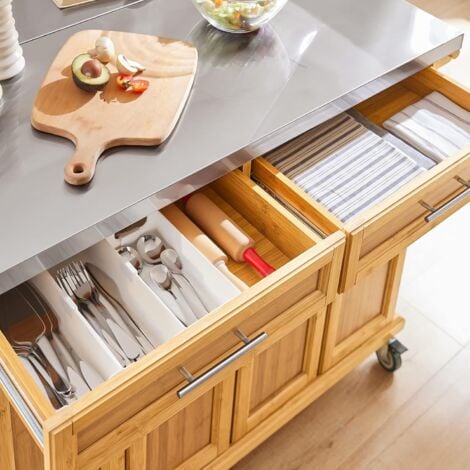 SoBuy FKW69-N Kücheninsel Luxus-Küchenwagen mit erweiterbarer Edelstahlarbeitsplatte Küchenschrank Servierwagen Rollwagen Bambus BHT ca.: 115x92x46-71cm