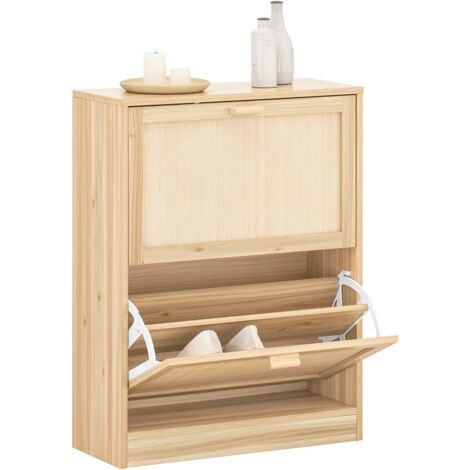 SoBuy FSR160-N Schuhkipper mit 2 Klappen Schuhschrank schmal Schuhregal mit 4 Ablageflächen Schuhablage Schuhkommode Natur BHT ca. 60x80x24cm