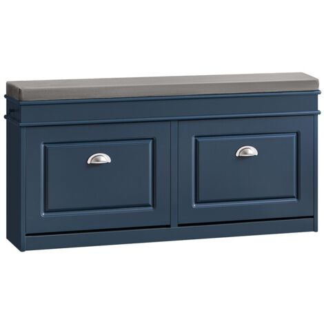 SoBuy Schuhbank mit Sitzfläche Sitzbank mit Stauraum und 2 Klappen, schmaler Schuhschrank mit Sitzbank & Schuhregal platzsparend, Schuhablage für Flur & kleine Räume, 104x52x24cm, Blau, FSR64-B