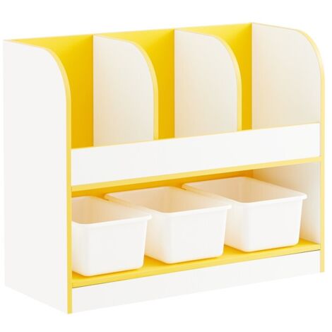 SoBuy KMB107-G Kinderregal für Spielzeuge und Bücher, Spielzeugorganisator, Bücherregal für Kinderzimmer, Kinderbibliothek, 3 Fächer und 3 Plastikboxen