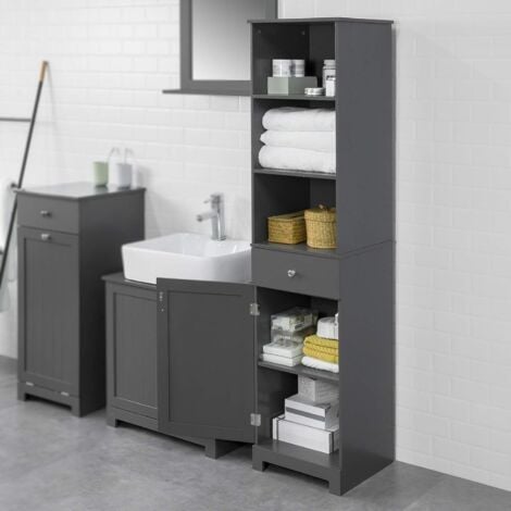 SoBuy BZR17-DG Badezimmer Hochschrank Badschrank Badregal Badezimmerschrank mit 3 offenen Fächern, 1 Schublade und 1 Tür dunkelgrau BHT ca: 40x161x35cm