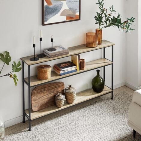 SoBuy FSB49-PZ Vintage Konsolentisch mit 3 Ablagen Metall Flurtisch Dekotisch Sideboard schmaler Beistelltisch Sofatisch Natur/Schwarz BHT ca: 120x77x20cm