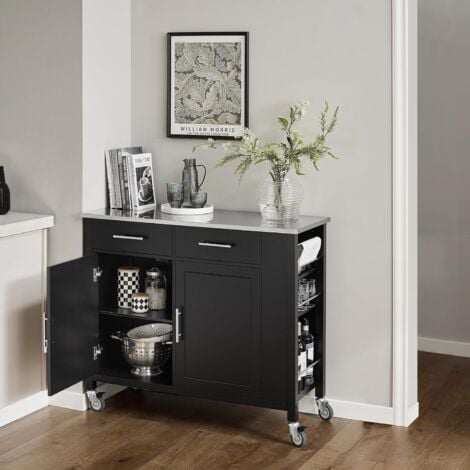 SoBuy FKW108-SCH Design Küchenwagen mit Edelstahlplatte Kücheninsel mit Seitenregal Küchenschrank Rollwagen Sideboard auf Rollen Küchentrolley Servierwagen Schwarz BHT ca.: 107x94x46cm
