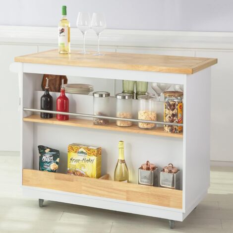 SoBuy FKW107-WN Design Küchenwagen mit Arbeitsplatte Kücheninsel mit Gewürzregal Küchenschrank Rollwagen Sideboard auf Rollen Küchentrolley Weiß-Natur BHT ca.: 110x91x55cm