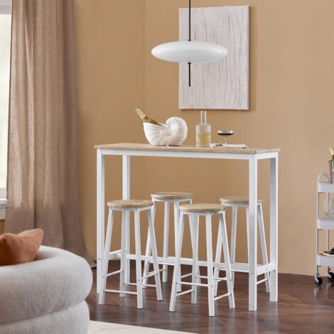 SoBuy OGT22-WN 5-teilig Bartisch mit Stühlen Esstisch Stehtisch Balkontisch Küchentisch Bistrotisch mit 4 Barhockern Sitzgruppe Gartenmöbel Set weiß-Natur