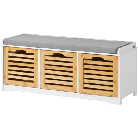 SoBuy FSR23-WN Moderne Schuhtruhe Sitzkommode mit 3 Körben Sitzbank Schuhschrank mit Sitzkissen Spieltruhe Garderobenbank Spieltruhe