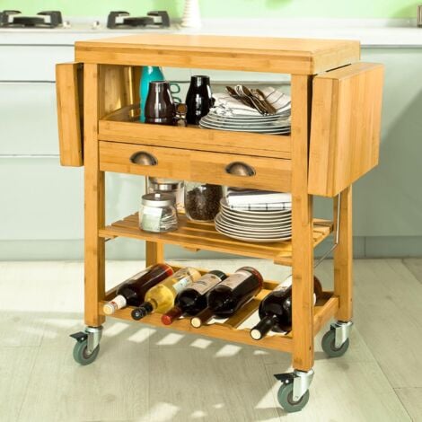 SoBuy FKW25-N Servierwagen aus hochwertigem Bambus Küchenwagen Küchenregal Rollwagen Küchenschrank mit arbeitsplatte BHT ca: 65 (95/125) x92x40cm