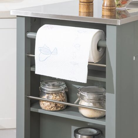 SoBuy FKW108-HG Design Küchenwagen mit Edelstahlplatte Kücheninsel mit Seitenregal Küchenschrank Rollwagen Sideboard auf Rollen Küchentrolley Servierwagen Grau BHT ca.: 107x94x46cm