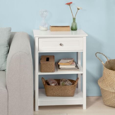 SoBuy FBT46-W Beistelltisch Nachttisch Couchtisch in weiß mit Einer Schublade und 2 Ablagen BHT ca: 45x68x30cm