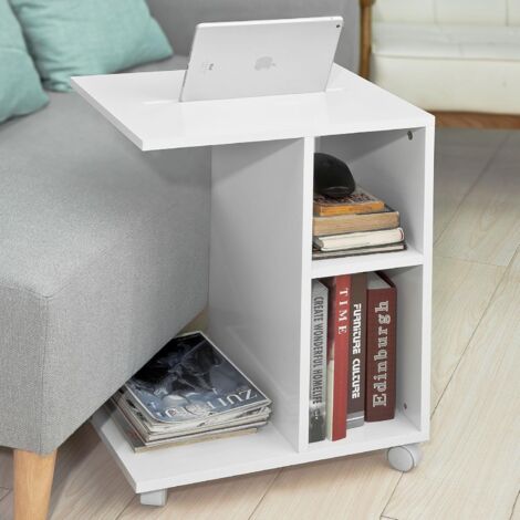 SoBuy FBT48-W Beistelltisch mit Schlitz für iPad, Zeitungsständer Couchtisch Tisch mit Rollen weiß BHT ca: 45x58x35cm