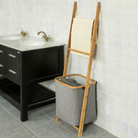 SoBuy Bathroom Storage Shelf Towel Holder with 3 Hanging Rails & Removable Laundry Basket,FRG263-N