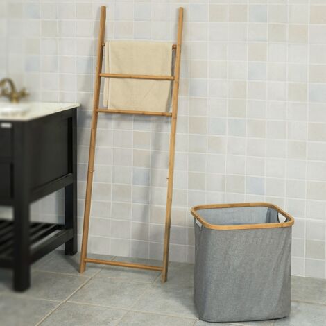 SoBuy Bathroom Storage Shelf Towel Holder with 3 Hanging Rails & Removable Laundry Basket,FRG263-N