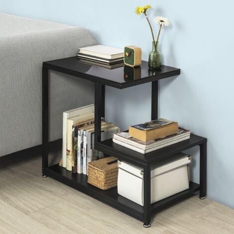 SoBuy FBT65-SCH Beistelltisch mit Glasplatte Sofatisch Glastisch Couchtisch mit 3 Ablagen schwarz, BHT ca.: 65x55x35cm