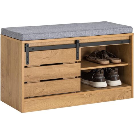 SoBuy FSR120-N Schuhbank mit Schiebetür Truhenbank Sitzbank mit Stauraum Schuhregal Garderobenbank Dielenbank Bettbank Schuhtruhe Sitzkommode Natur BHT ca.: 80x48x35cm