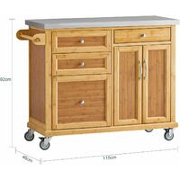 SoBuy FKW70-N Kücheninsel Luxus-Küchenwagen Küchenschrank aus hochwertigem Bambus mit Edelstahlarbeitsplatte Rollwagen BHT ca.: 115x92x46cm