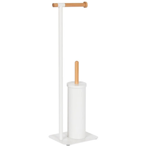 Dérouleur papier toilette + brosse WC en métal blanc et bambo (1/5)