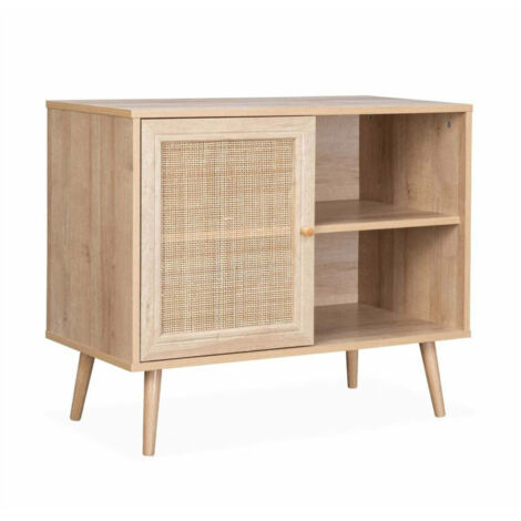 Commode bois avec Porte maillage rotin 80x39x66cm (1/5)