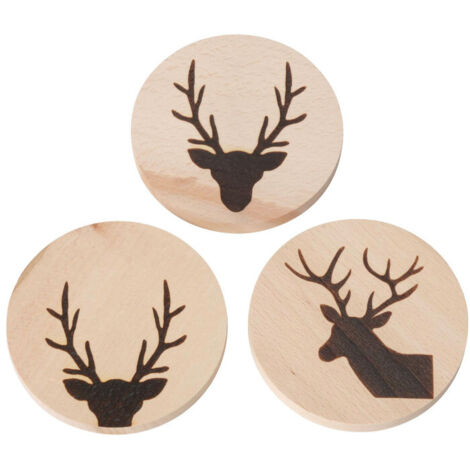 Set de 3 dessous de verres ronds en hêtre motifs cerfs 10x10x1cm (1/5)