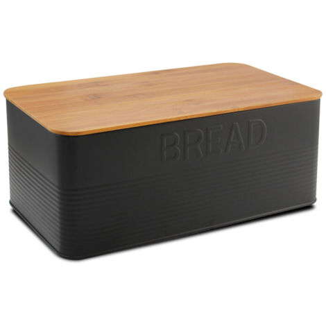 Boîte de stockage en métal noir – Couvercle en bambou – Dimensions 33x18x13cm – Pour conservation pain et pâtisseries – Wadiga (1/3)
