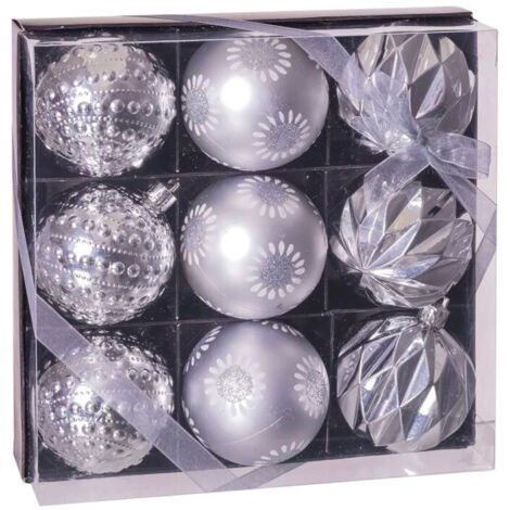 Set de 9 boules de Noël argentées décorées - 8cm (1/3)
