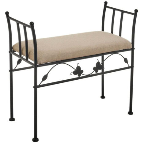 Banquette en métal noir et assise rembourrée lin beige - 68x30x64cm (1/5)