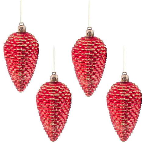 Set de 4 décoration de Noël à suspendre pomme de pin rouge 5x5x9cm (1/3)