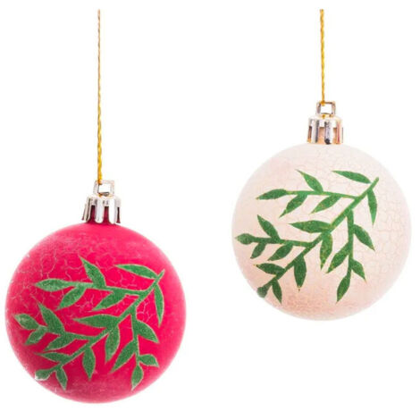 Set de 2 boules de Noël rouge et beige feuillage 6cm (1/3)