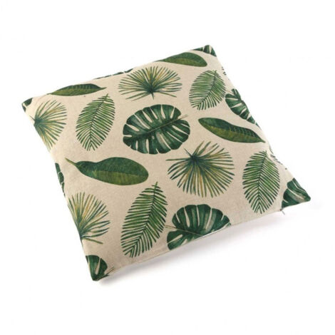 Coussin Décoratif Carré Feuilles Vertes Tropique en Polyester Effet Lin (1/3)